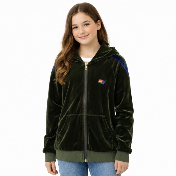 Aviator Nation Kids Velvet Rainbow Stripe Zip Hoodie Size 12 Green